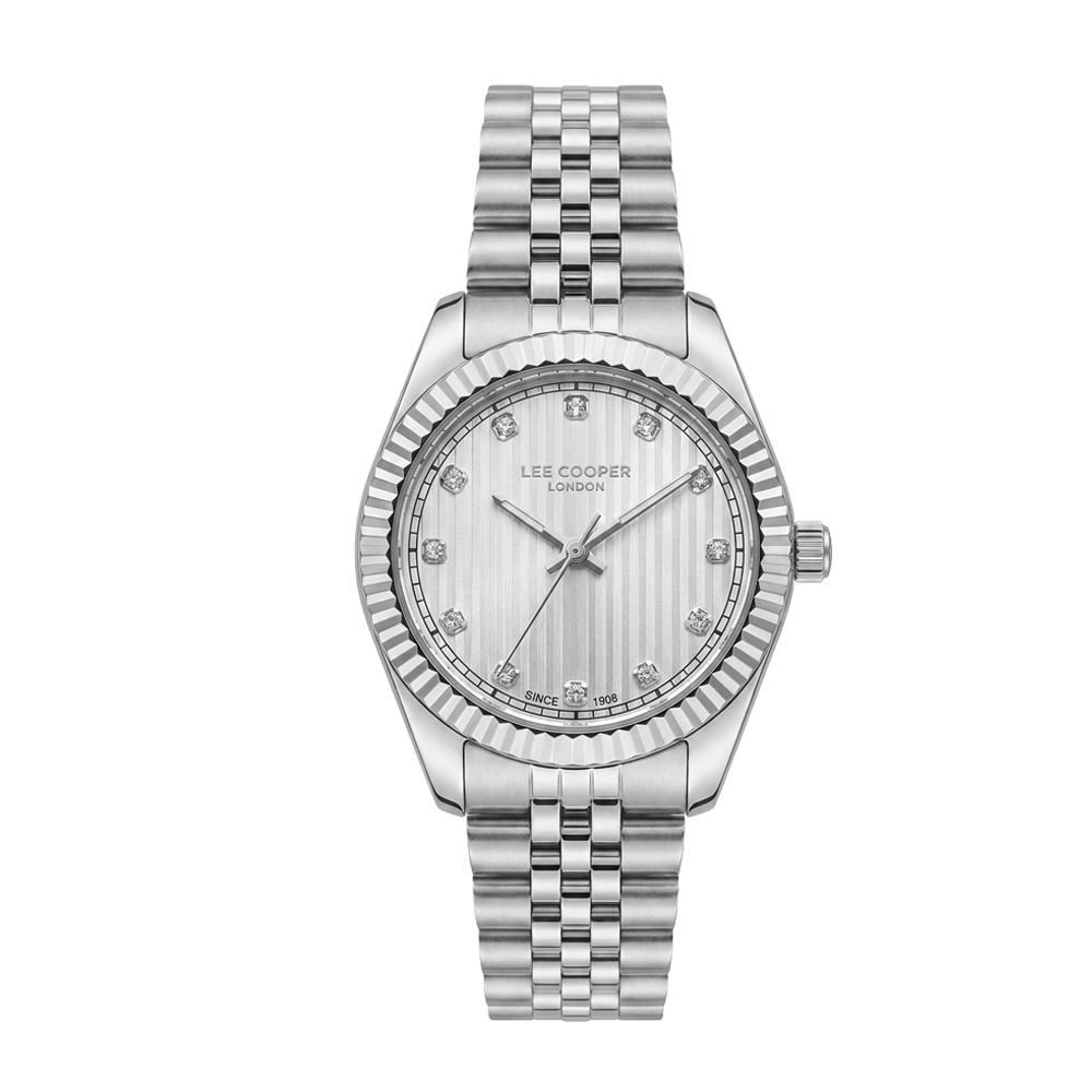 Дамски часовник Lee Cooper LC08400.330 – сребриста стоманена верижка, сив циферблат и кристали