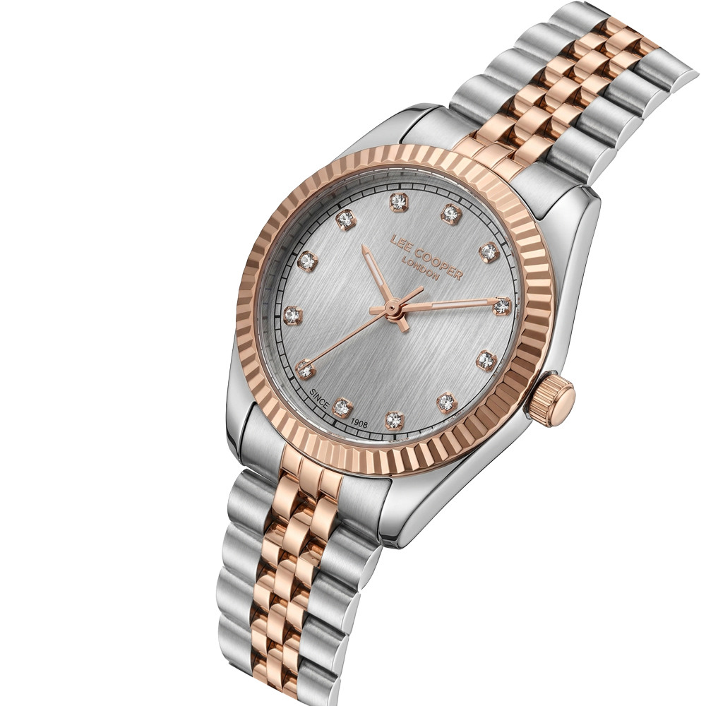 Дамски часовник Lee Cooper LC08400.530 – стоманена верижка в сребристо и розово злато, сив циферблат с кристали