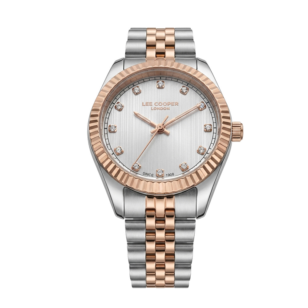 Дамски часовник Lee Cooper LC08400.530 – стоманена верижка в сребристо и розово злато, сив циферблат с кристали