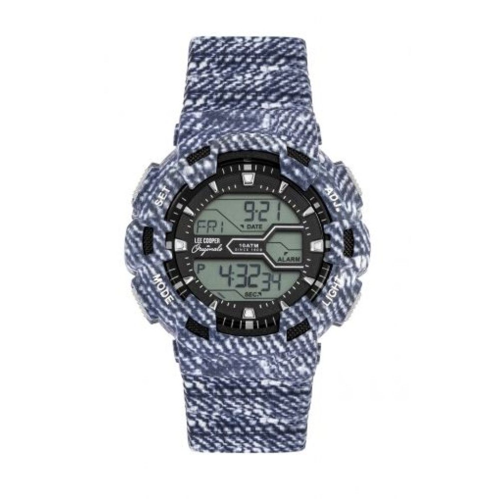 Мъжки дигитален часовник Lee Cooper Originals ORG05600.020 със синя силиконова каишка с дънков принт и водоустойчивост 10 ATM