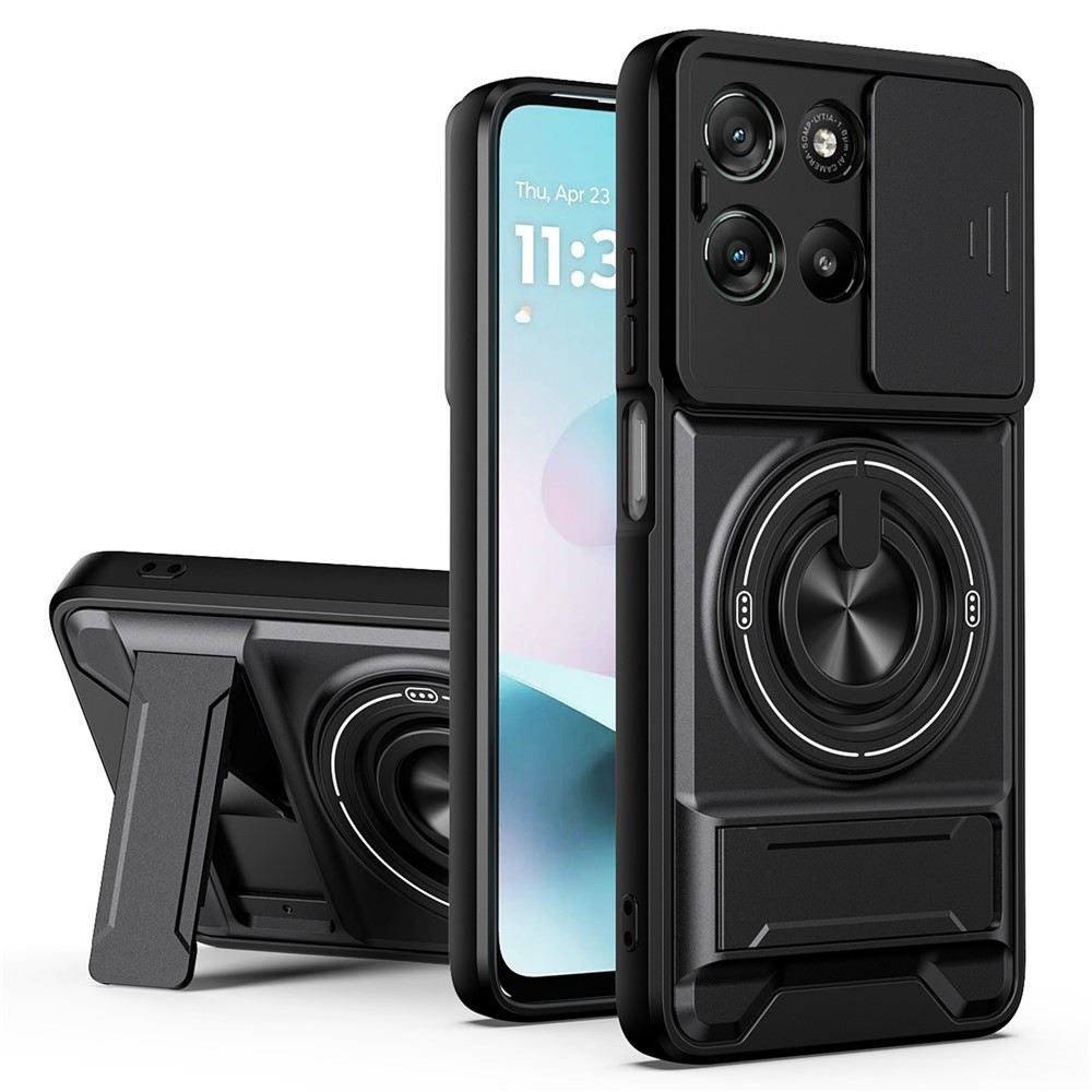 Магнитен Калъф за Motorola Moto G87 / G77 / G67 5G с Въртящ се Пръстен, Сгъваема Стойка, Плъзгащ Капак за Камерата и Скрийн Протектор – 5 цвята