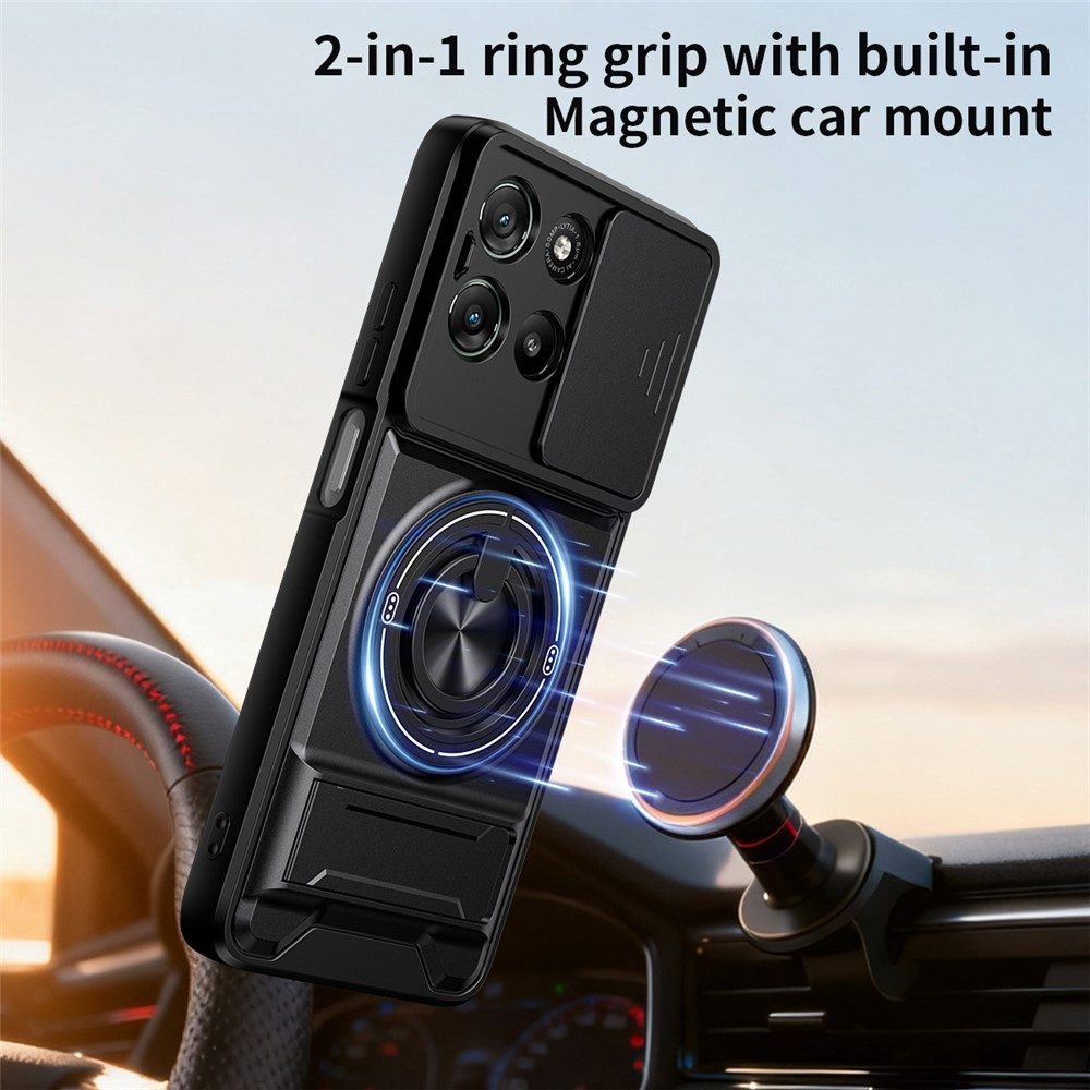 Магнитен Калъф за Motorola Moto G87 / G77 / G67 5G с Въртящ се Пръстен, Сгъваема Стойка, Плъзгащ Капак за Камерата и Скрийн Протектор – 5 цвята