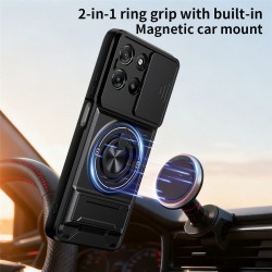 Магнитен Калъф за Motorola Moto G87 / G77 / G67 5G с Въртящ се Пръстен, Сгъваема Стойка, Плъзгащ Капак за Камерата и Скрийн Протектор – 5 цвята