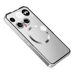 Магнитен калъф за Nothing Phone (3) 5G- матов полупрозрачен PC гърб, метален рамка, Magsafe, Вкл. Протектор (Черен, Сребрист)