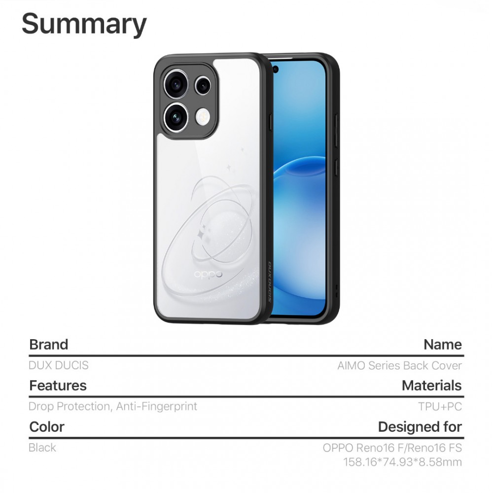Калъф за Oppo Reno16 FS 5G / Reno16 F 5G DUX DUCIS Aimo Series PC + TPU Прозрачен със Скрийн Протектор – Черен