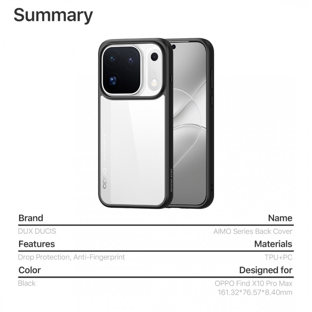 Калъф за Oppo Find X10 Pro Max 5G DUX DUCIS Aimo PC + TPU със SGS Тест за Падане 1,2 m – Черен