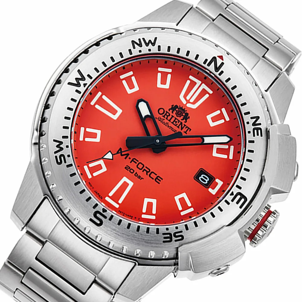 Мъжки Автоматичен Часовник Orient M-FORCE RA-AC0N02Y Sports с Оранжев Циферблат, Компасен Безел, Сапфирено Стъкло и Водоустойчивост 200 м