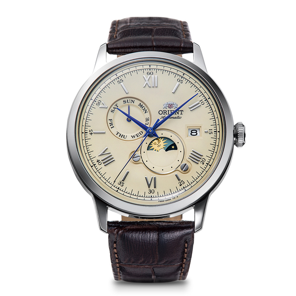 Мъжки Автоматичен Часовник Orient RA-AK0803Y с Бежов Циферблат, Индикатор Ден/Дата и Слънце/Луна