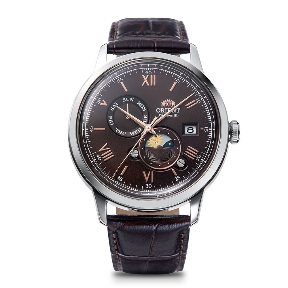 Мъжки Автоматичен Часовник Orient RA-AK0804Y с Кафяв Циферблат и Индикатор Слънце/Луна