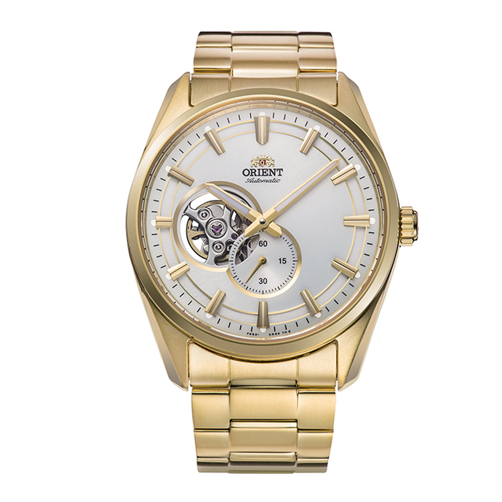 Мъжки Автоматичен Часовник Orient RA-AR0007S със Сив Циферблат, Отвор към Механизма и Златиста Верижка