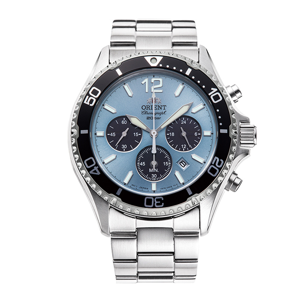 Orient RA-TX0206L Мъжки часовник - Соларен Хронограф, Син Циферблат, Въртящ се Безел, 42.8 мм, 200м Водоуст.