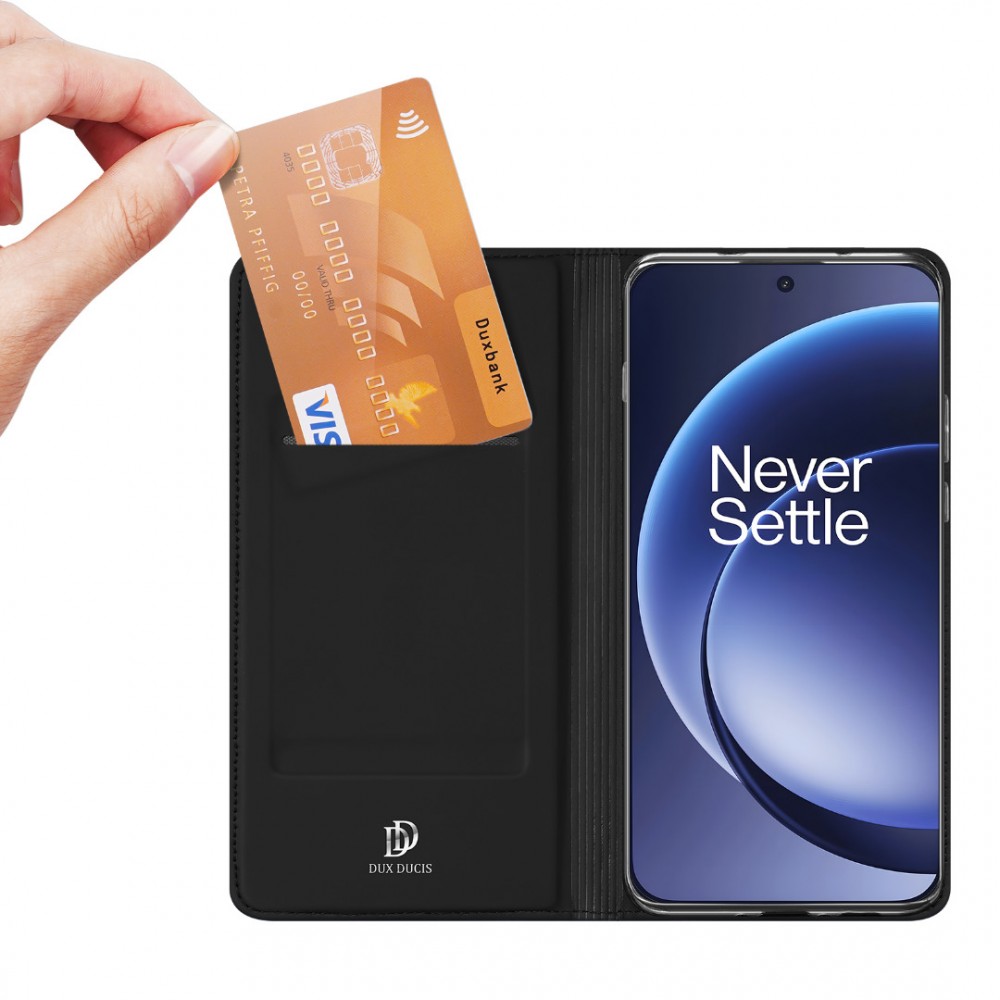 DUX DUCIS Кожен калъф за  OnePlus 15 5G- Държач за Карти и Стойка, вкл. Протектор (Черен, Син)