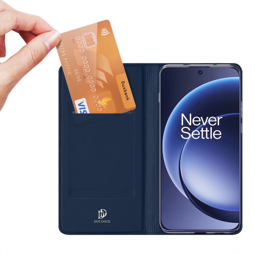 DUX DUCIS Кожен калъф за  OnePlus 15 5G- Държач за Карти и Стойка, вкл. Протектор (Черен, Син)