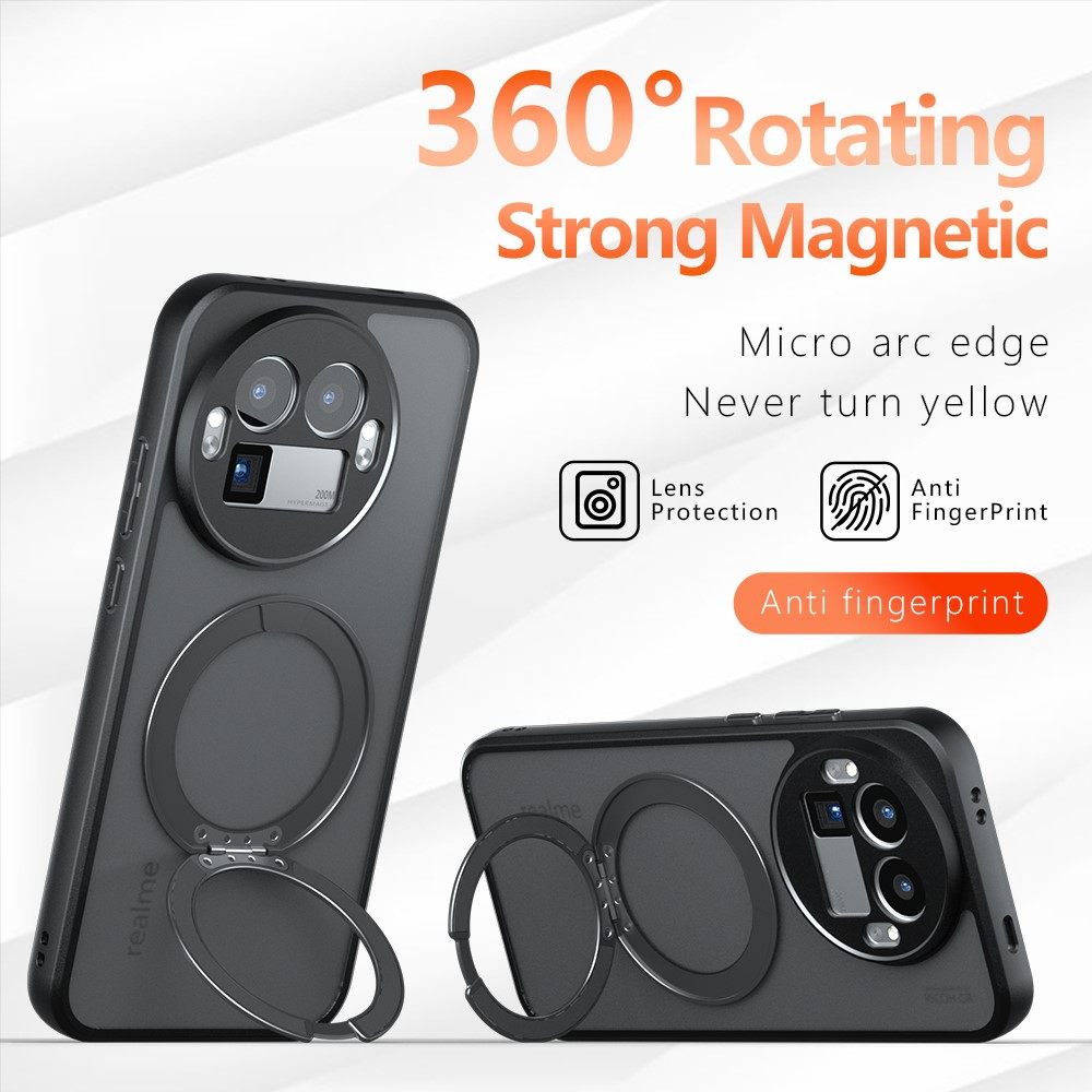 Калъф за Realme GT 8 Pro 5G Магнитен TPU + PC с 360° Въртяща Стойка и Скрийн Протектор – Прозрачен Черен