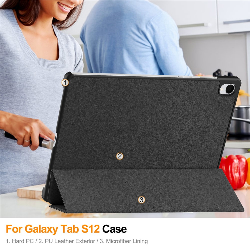 Калъф за Samsung Galaxy Tab S12+ от PU Кожа + PC с Tri-fold Стойка и Скрийн Протектор – 6 цвята