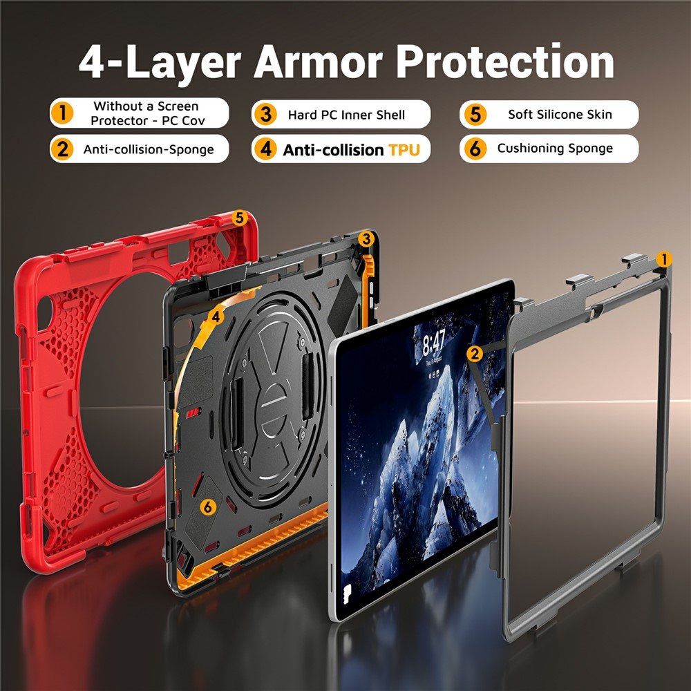 Калъф за Samsung Galaxy Tab S12+ Удароустойчив TPU + PC + Силикон със Стойка, 360° Ръчна Каишка и Скрийн Протектор – 8 цвята
