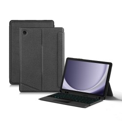 За Samsung Galaxy Tab A9+ / A11+ Кожен Калъф с Подвижна Bluetooth Клавиатура, Тъчпад и Цветна Подсветка – Черен