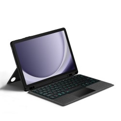 За Samsung Galaxy Tab A9+ / A11+ Кожен Калъф с Подвижна Bluetooth Клавиатура, Тъчпад и Цветна Подсветка – Черен