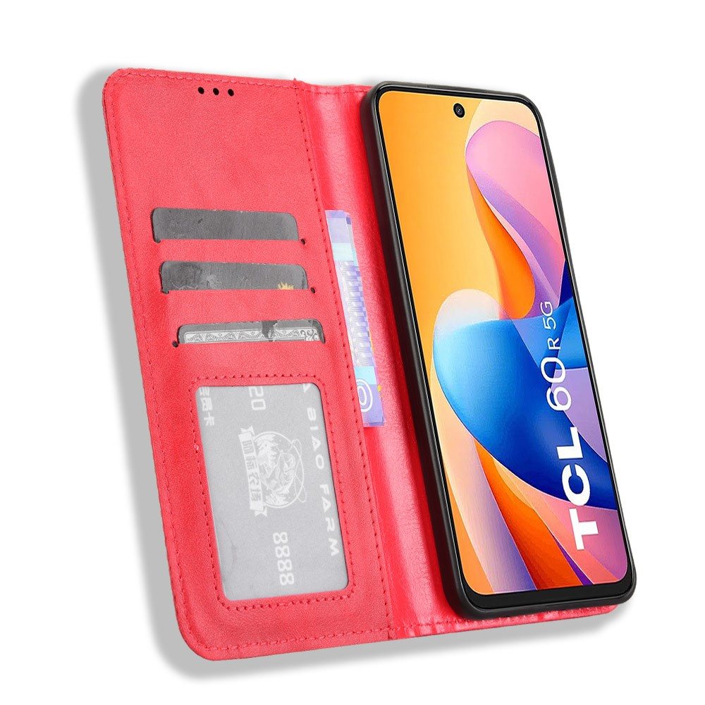 Калъф-портфейл за TCL 60R 5G - Ретро кожен, Мозаечен бордюр, Стойка, 3 слотa за карти, Вкл. Протектор, 4 Цвята