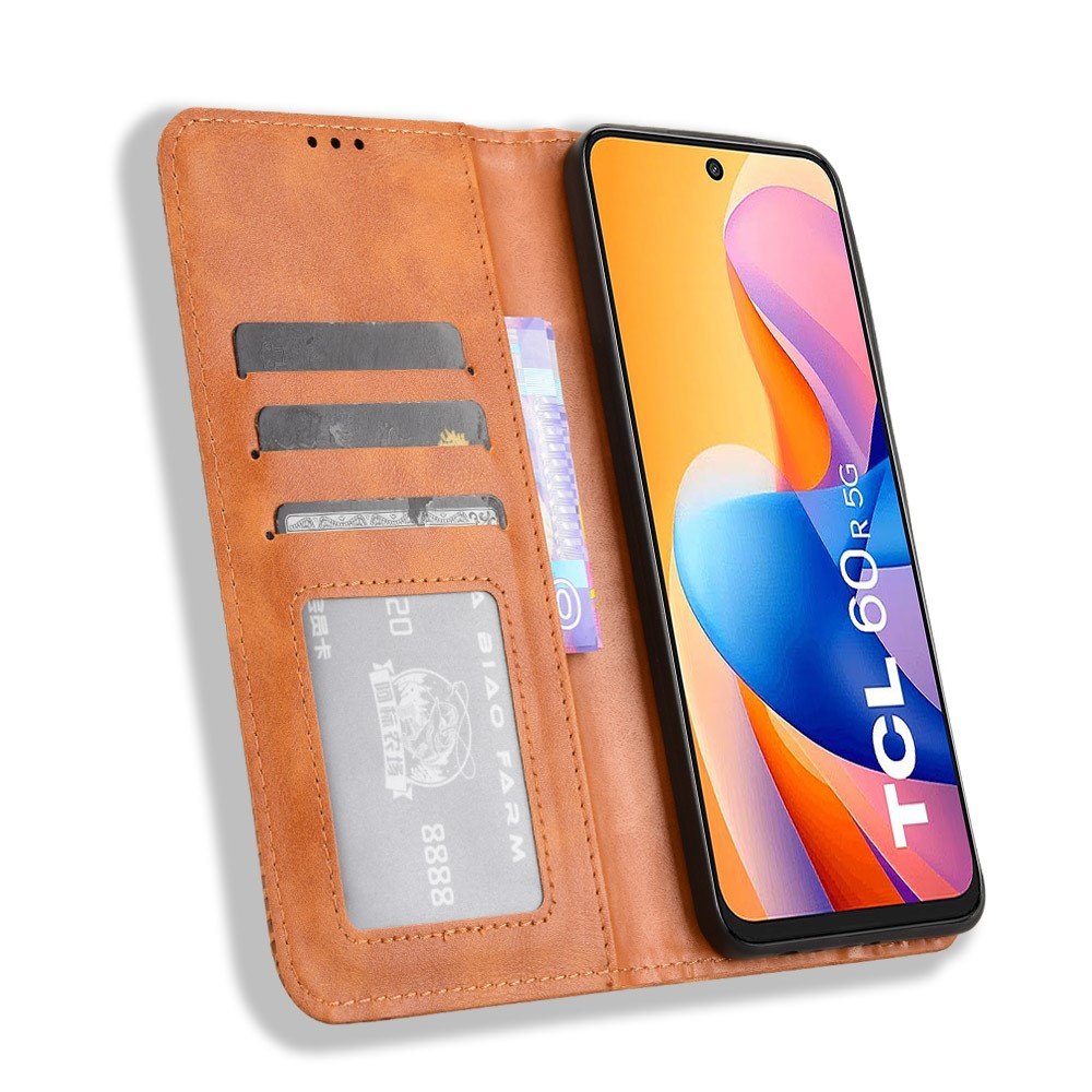 Калъф-портфейл за TCL 60R 5G - Ретро кожен, Мозаечен бордюр, Стойка, 3 слотa за карти, Вкл. Протектор, 4 Цвята