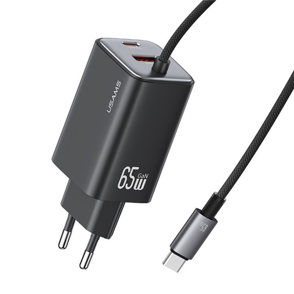 USAMS CC266 65 W GaN Зарядно с 3 Порта и Вграден USB-C Кабел – EU