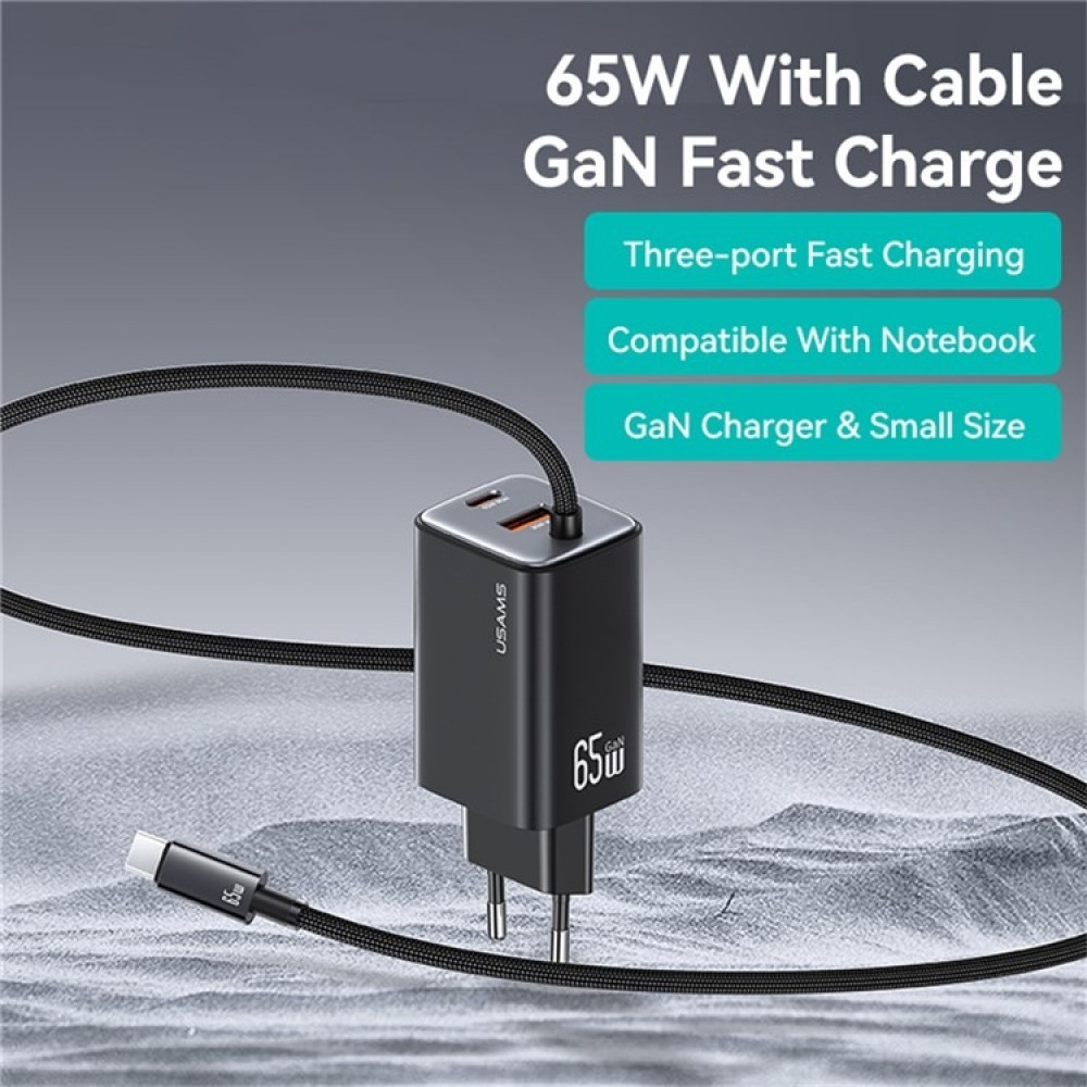 USAMS CC266 65 W GaN Зарядно с 3 Порта и Вграден USB-C Кабел – EU
