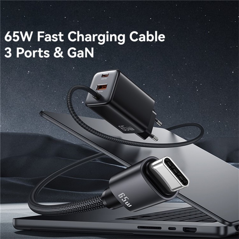 USAMS CC266 65 W GaN Зарядно с 3 Порта и Вграден USB-C Кабел – EU