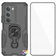 WANLONFENG Защитен калъф с Протектор за Xiaomi Redmi 15 5G/4G | Удароустойчив PC+TPU, Стойка, Темперирано стъкло|Цвят:  Черен, Сив, Син, Лилав, Зелен