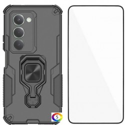 WANLONFENG Защитен калъф с Протектор за Xiaomi Redmi 15 5G/4G | Удароустойчив PC+TPU, Стойка, Темперирано стъкло|Цвят:  Черен, Сив, Син, Лилав, Зелен