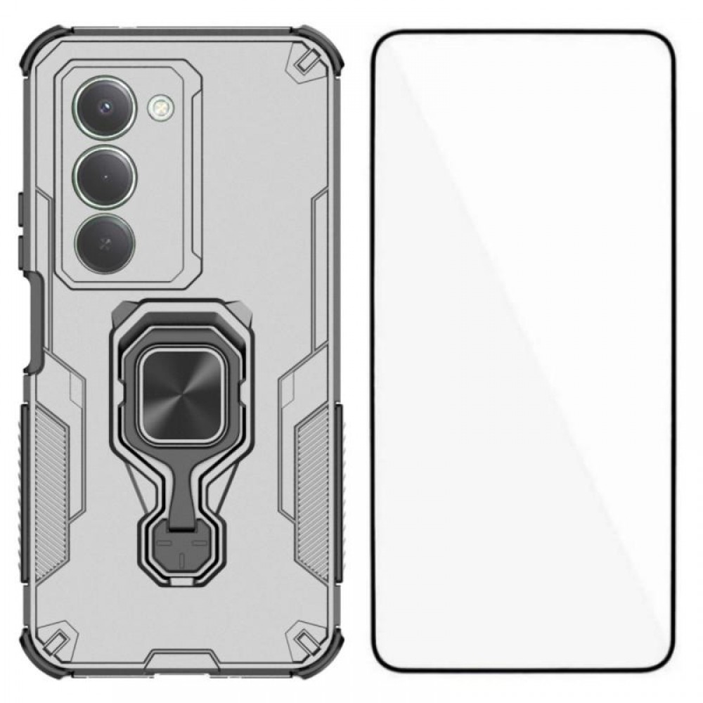 WANLONFENG Защитен калъф с Протектор за Xiaomi Redmi 15 5G/4G | Удароустойчив PC+TPU, Стойка, Темперирано стъкло|Цвят:  Черен, Сив, Син, Лилав, Зелен