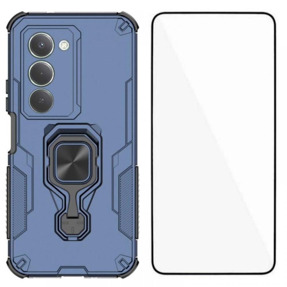 WANLONFENG Защитен калъф с Протектор за Xiaomi Redmi 15 5G/4G | Удароустойчив PC+TPU, Стойка, Темперирано стъкло|Цвят:  Черен, Сив, Син, Лилав, Зелен