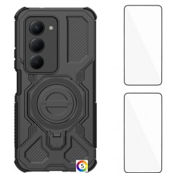 WANLONFENG KJ Series Защитен калъф с Протектор за Xiaomi Redmi 15 5G/ 4G |Удароустойчив PC + TPU, Стойка, Комплект с 2 Стъклени Протектора |Цвят: Черен, Син, Розов, Зелен