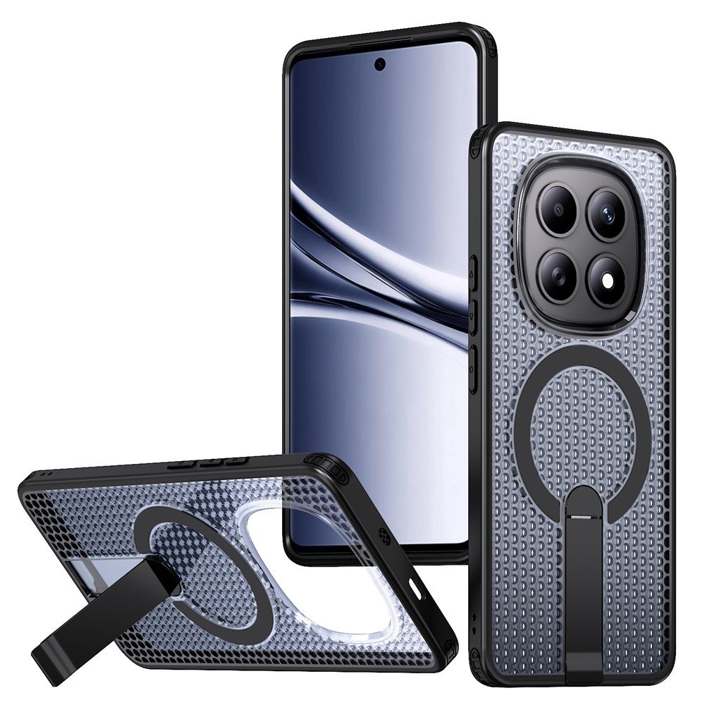 Магнитен калъф за Xiaomi Poco M8 5G / Redmi Note 15 5G с Мрежеста Текстура и Стойка- PC+TPU, 3D Вентилационен дизайн, Вкл. Протектор- 6 Цвята