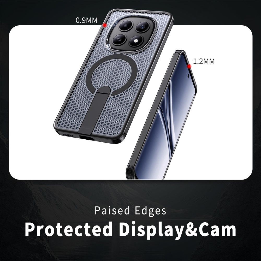 Магнитен калъф за Xiaomi Poco M8 5G / Redmi Note 15 5G с Мрежеста Текстура и Стойка- PC+TPU, 3D Вентилационен дизайн, Вкл. Протектор- 6 Цвята