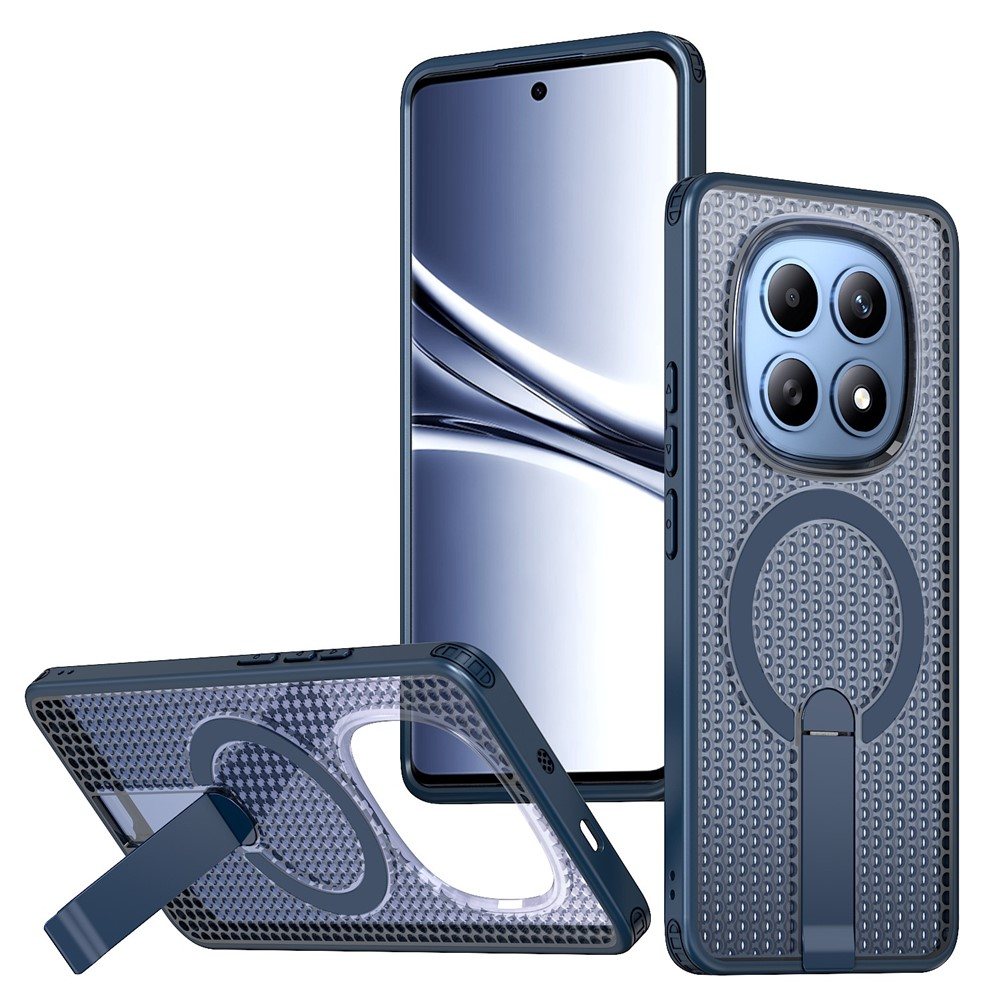 Магнитен калъф за Xiaomi Poco M8 5G / Redmi Note 15 5G с Мрежеста Текстура и Стойка- PC+TPU, 3D Вентилационен дизайн, Вкл. Протектор- 6 Цвята