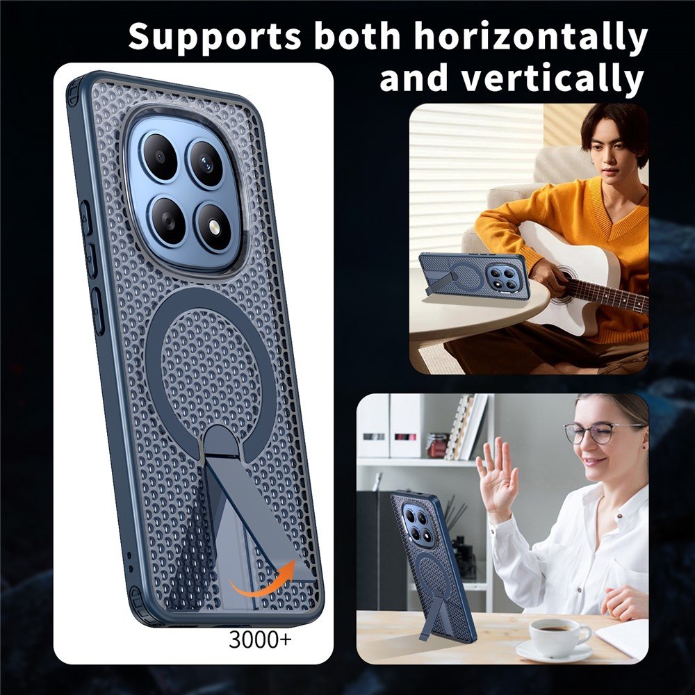 Магнитен калъф за Xiaomi Poco M8 5G / Redmi Note 15 5G с Мрежеста Текстура и Стойка- PC+TPU, 3D Вентилационен дизайн, Вкл. Протектор- 6 Цвята