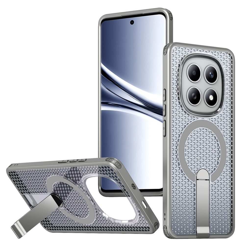 Магнитен калъф за Xiaomi Poco M8 5G / Redmi Note 15 5G с Мрежеста Текстура и Стойка- PC+TPU, 3D Вентилационен дизайн, Вкл. Протектор- 6 Цвята