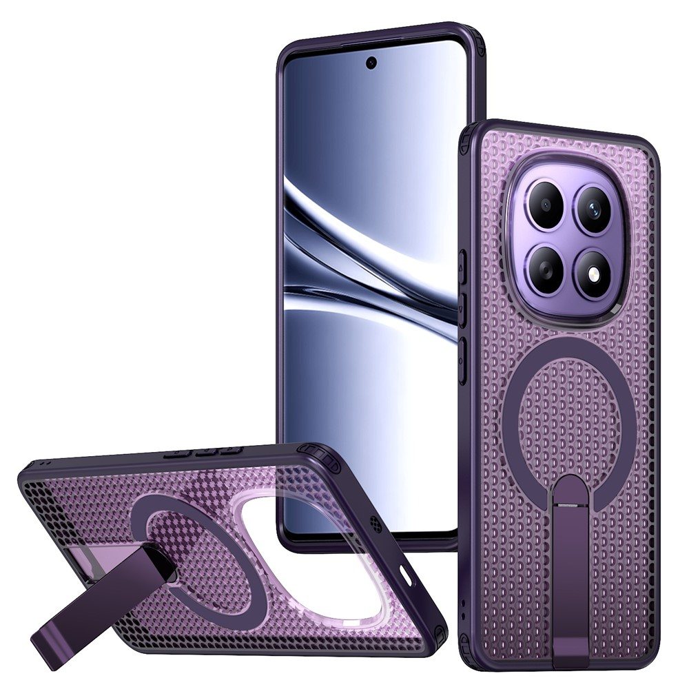 Магнитен калъф за Xiaomi Poco M8 5G / Redmi Note 15 5G с Мрежеста Текстура и Стойка- PC+TPU, 3D Вентилационен дизайн, Вкл. Протектор- 6 Цвята